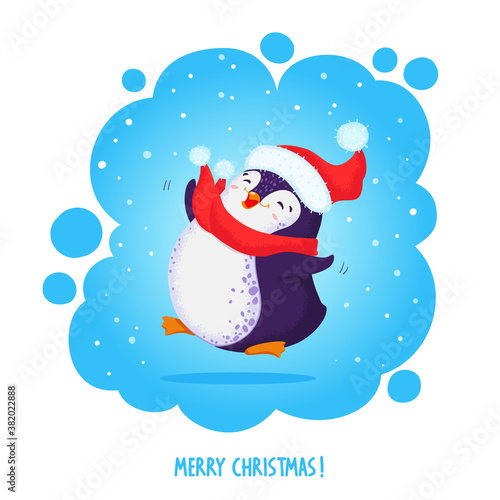 Happy jumping penguin in a santa hat and red scarf. Hand drawn vector illustration with text Merry Christmas.
