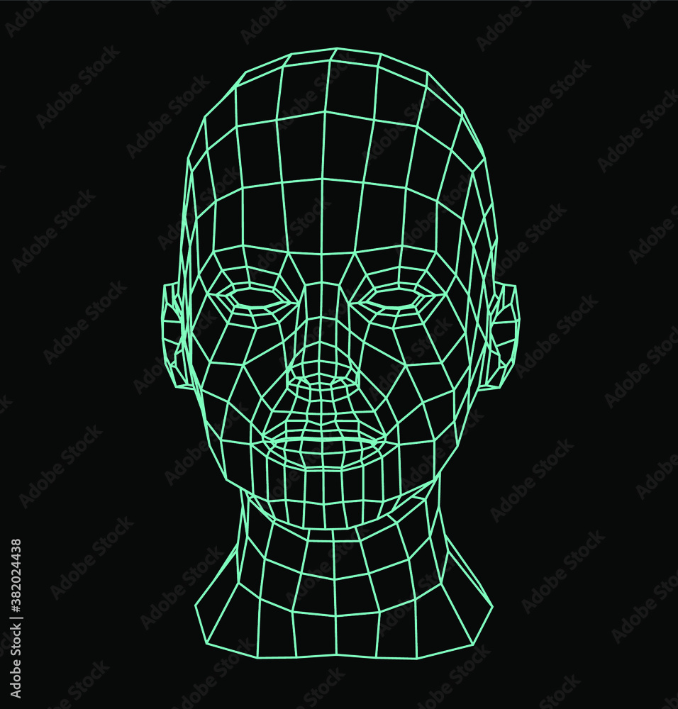 Vetor do Stock: Low poly 3D head, human face structure made of grid.  Biometrics, Facial Recognition and Cyber Security concept. | Adobe Stock