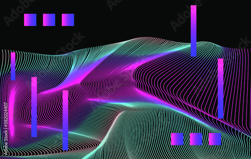 Abstract technology background with warped and distorted laser grid. Vaporwave and synthwave style poster.