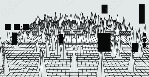 Abstract technology background with warped and distorted laser grid. Vaporwave and synthwave style illustration like in old video arcade games.