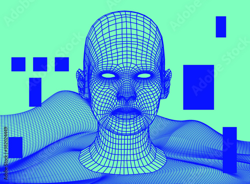 Artificial Intelligence and Neural network concept. 3D human face and infinite perspective grid on the background.