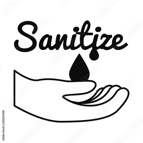 sanitize lettering design with hand and drop icon, line style