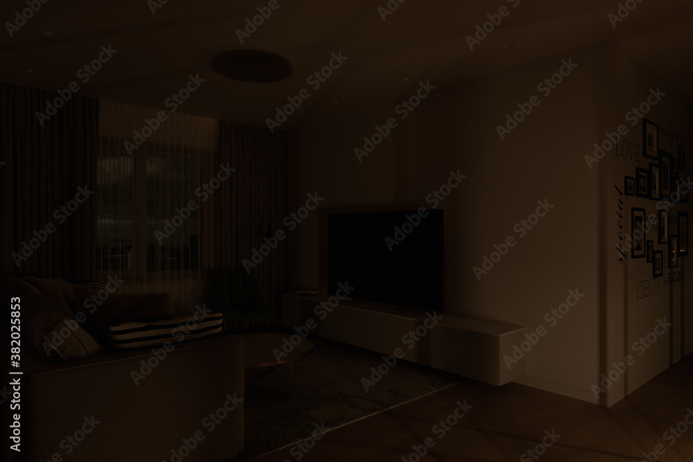 Fototapeta premium Living room interior design in a modern architectural style. A series of 3d render of interior with different lighting. Illustration for design and presentations