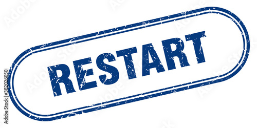 restart stamp. rounded grunge textured sign. Label
