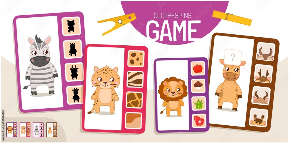 Educational  game for children. Toddler Activity Clothespins Cards. 