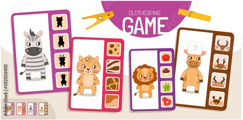 Educational  game for children. Toddler Activity Clothespins Cards. 