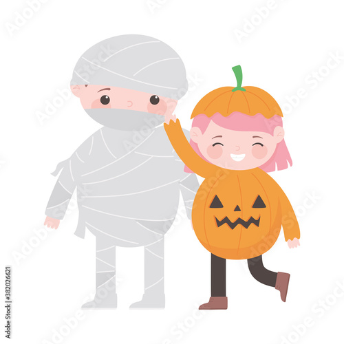 happy halloween, boy mummy and girl pumpkin costumes cartoon