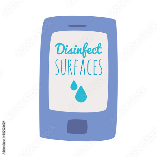 icon of smartphone with disinfect surfaces lettering design, flat style