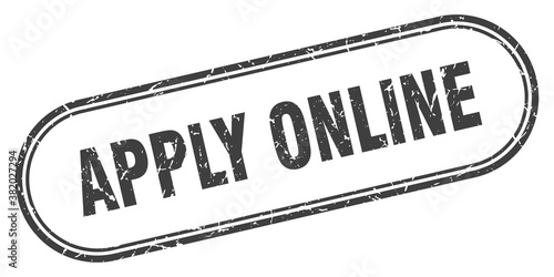 apply online stamp. rounded grunge textured sign. Label