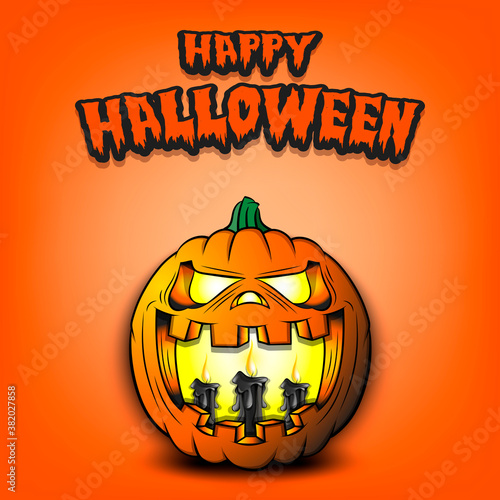 Happy Halloween. Burning candles inside frightening pumpkin. Design template. Pattern for banner, poster, greeting card, flyer, party invitation. Vector illustration