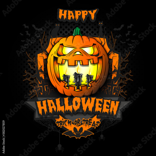 Happy Halloween. Burning candles inside frightening pumpkin. Cats, bats, spiders, trees, crosses. Design template for banner, poster, greeting card, flyer, party invitation. Vector illustration