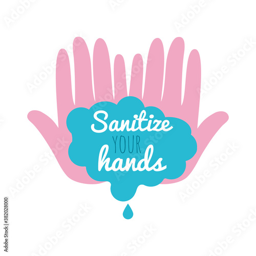 hands with soapy water with sanitize your hands lettering design, flat style