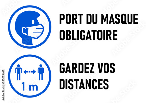 Set of Round Sticker Icons for Coronavirus Measures in French including "Port Du Masque Obligatoire" (Face Masks Required) and "Gardez Vos Distances" (Keep Your Distance) 1 Meter. Vector Image.