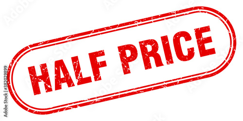 half price stamp. rounded grunge textured sign. Label