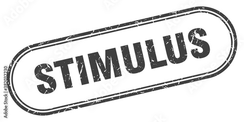 stimulus stamp. rounded grunge textured sign. Label