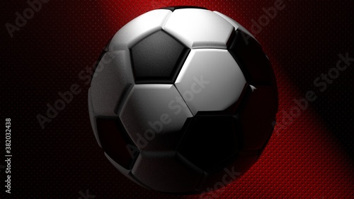 Soccer ball on the red metallic painted wall under slit light. 3D illustration. 3D CG. 3D high quality rendering.