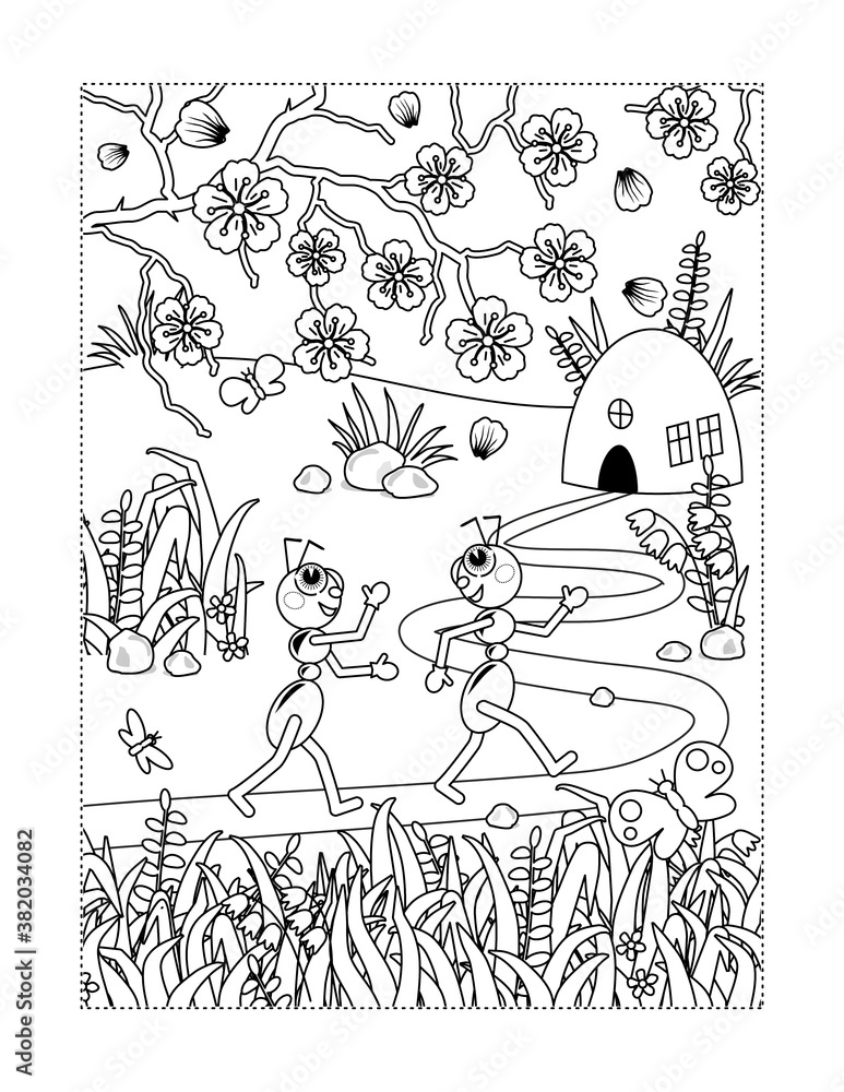 Coloring page with ants coming home, grass, flowers, spring blossom
