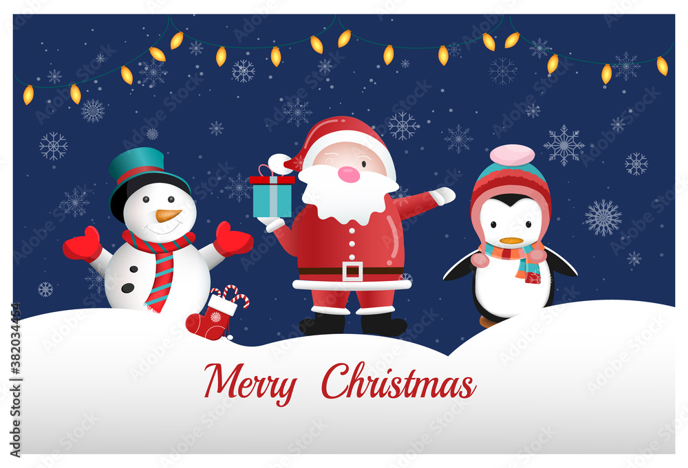 Merry Christmas and Happy New Year greeting card with the participation of Santa Claus, snowman and cute penguin. 
For posters, banners, sales and other winter events.
