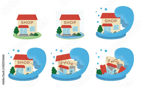 水害に遭うショップのベクターイラストセット