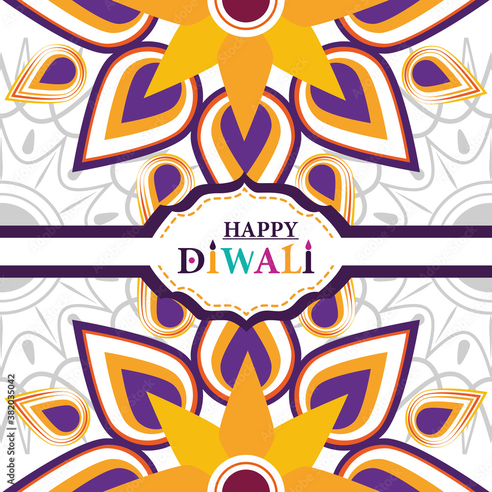 happy diwali festival, hand lettering, indian ornament mandala background