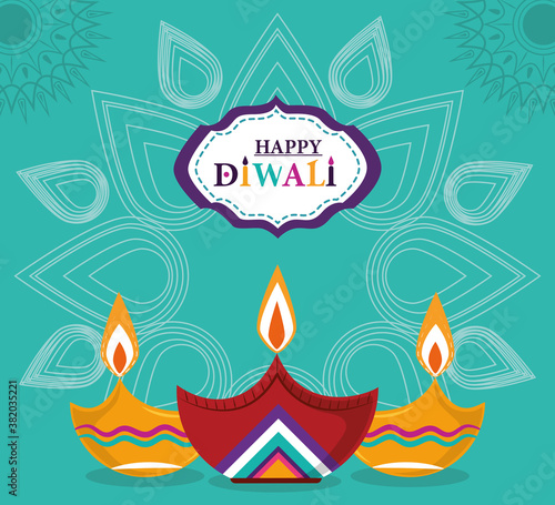 happy diwali festival, diya lamps with candles mandala green background
