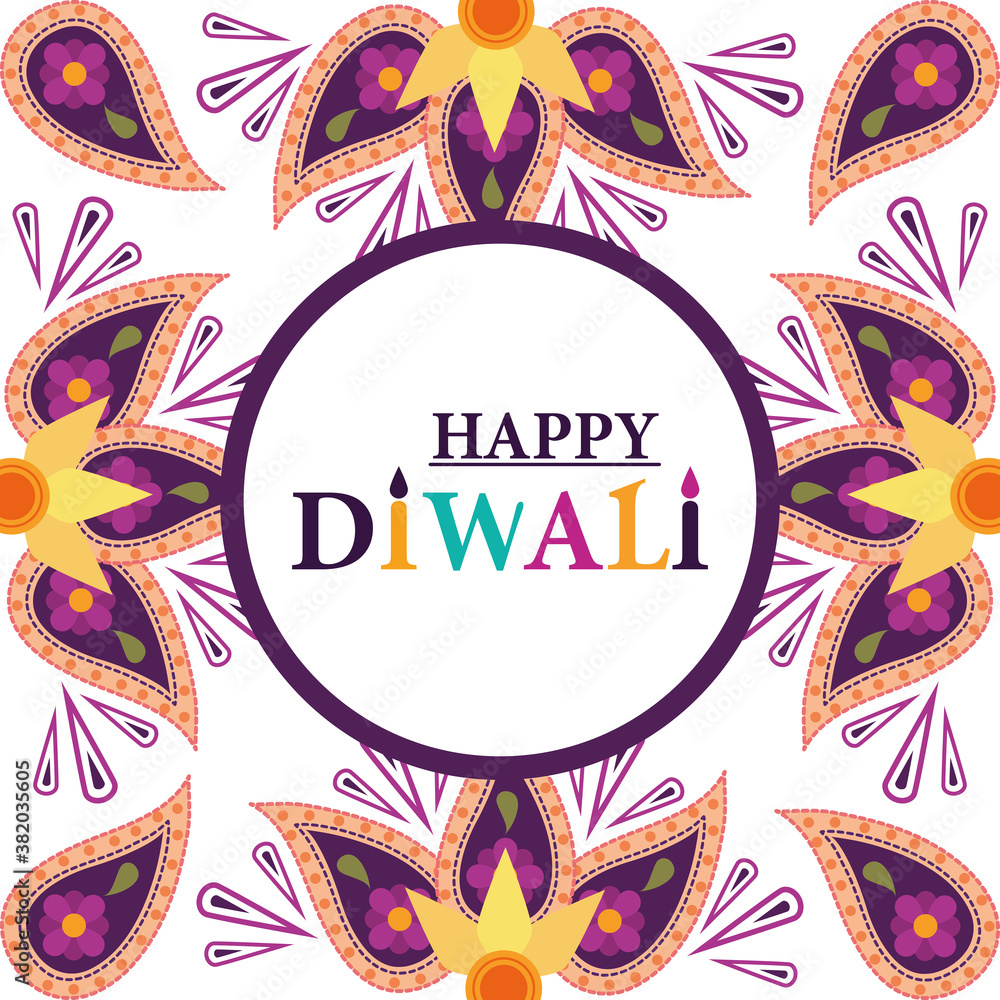 happy diwali festival, traditional mandala flowers event hindu label