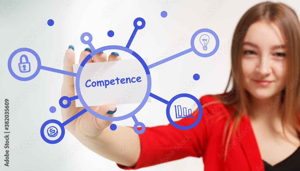 Business, Technology, Internet and network concept. Young businessman working on a virtual screen of the future and sees the inscription: Competence Business, Technology, Internet and network concept. Young businessman working on a virtual screen of the future and sees the inscription: Competence