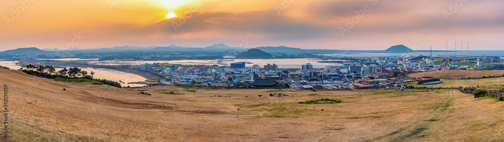 Jeju Island South Korea, panorama nature landscape sunset at Jeju city skyline view from Seongsan Ilchulbong