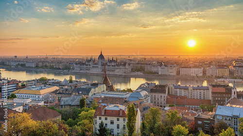 Budapest Hungary  panorama city skyline sunrise at Hungarian Parliament and Danube River