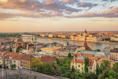 Budapest Hungary, city skyline sunset at Hungarian Parliament and Danube River