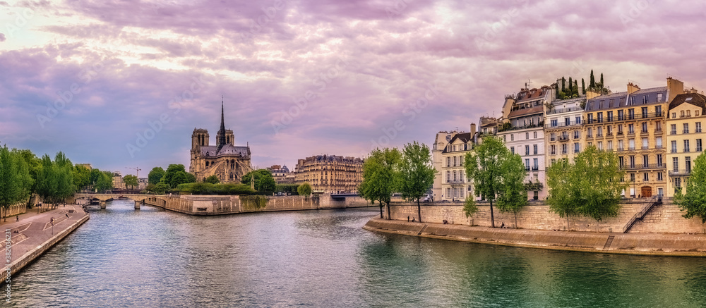 Paris France, panorama city skyline at Notre Dame de Paris Cathedral and Seine River