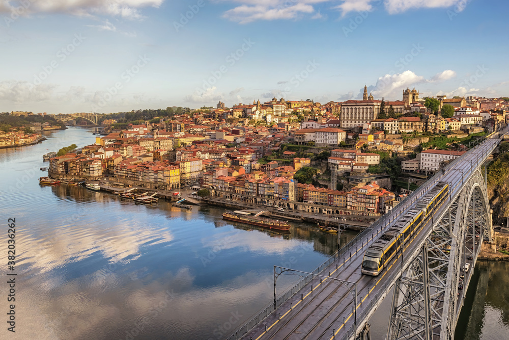 Porto Portugal city skyline at Porto Ribeira and Douro River and Dom Luis I Bridge