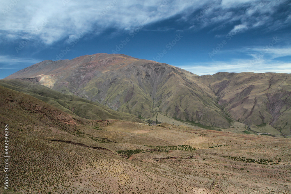 Popular landmark Bishop's slope in Salta, Argentina. Aerial view of the green field, valley and mountains.