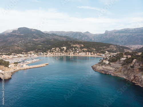 Aerial, Bird's eye, Drone view of Port de Sóller, Soller Harbour, Palma de Mallorca, Balearic islands, Spain © Adelin