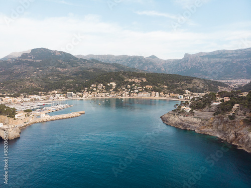 Aerial, Bird's eye, Drone view of Port de Sóller, Soller Harbour, Palma de Mallorca, Balearic islands, Spain