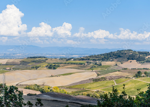 Autumn landscape in Tuscany, Italy with plowed field, vineyards, trees and hills