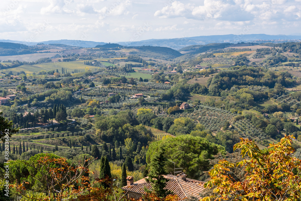 Top view of the surrounding area of Montepulciano, Tuscany, Italy with fields, olive groves, vineyards and mountains