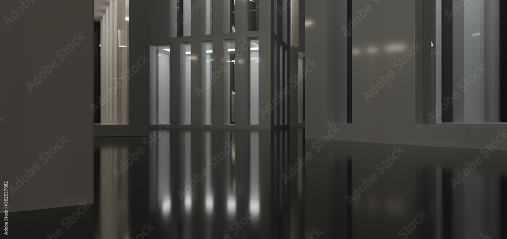 Abstract modern architectural minimalistic contemporary background. Night Futuristic space sci-fi city metropolis. Residential and office skyscrapers. 3D illustration and rendering.