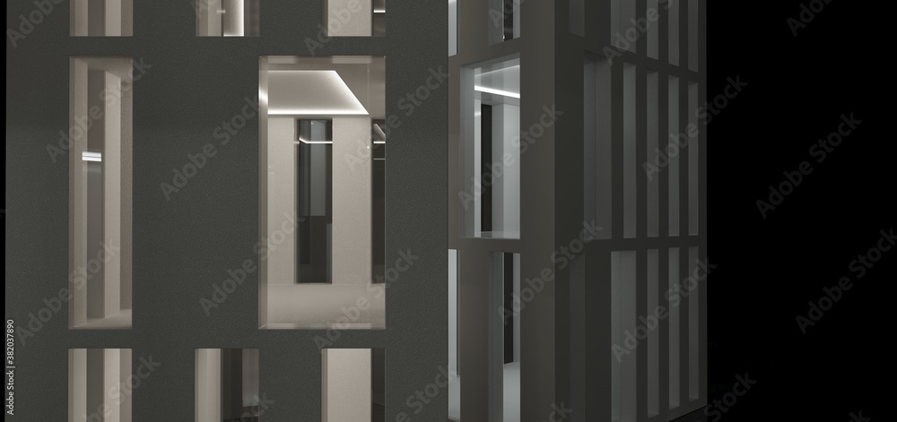 Abstract modern architectural minimalistic contemporary background. Night Futuristic space sci-fi city metropolis. Residential and office skyscrapers. 3D illustration and rendering.