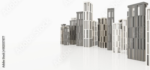 Abstract modern architectural minimalistic contemporary background. Black and gold Futuristic space sci-fi city metropolis. Residential and office skyscrapers. 3D illustration and rendering.