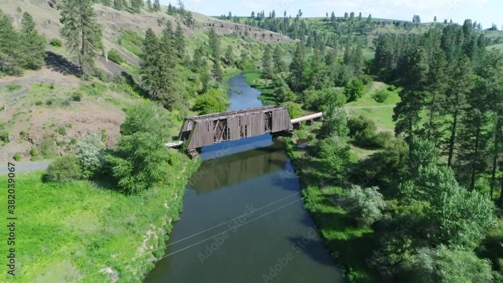 Aerial along Palouse River with dilapidated Manning-Rye covered bridge Aerial along Palouse River with dilapidated Manning-Rye covered bridge