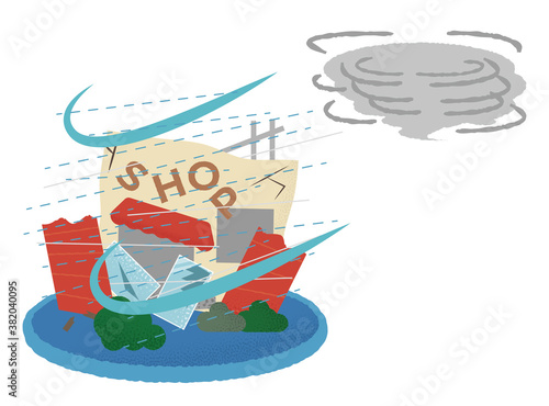 台風の被害に遭うショップのベクターイラスト