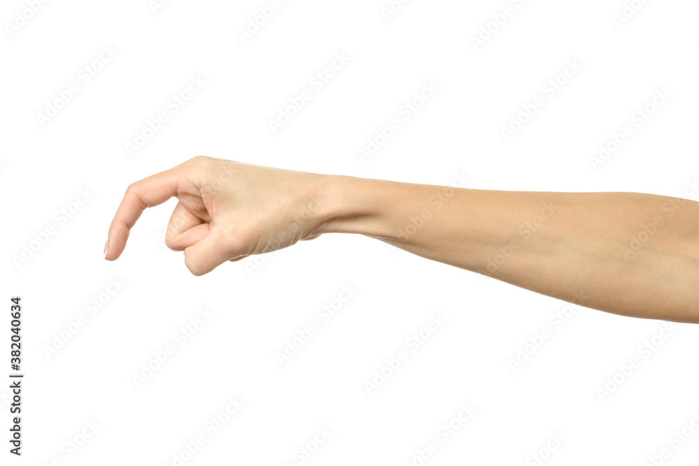 Finger reaching or scratching. Woman hand gesturing isolated on white Finger reaching or scratching. Woman hand gesturing isolated on white