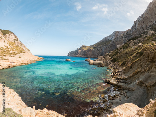 Wide angle view of Cala Formentera Natural Beach in Palma de Mallorca, Balearic Islands, Spain