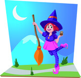 Scene of little witch with her broom and her pet owl
