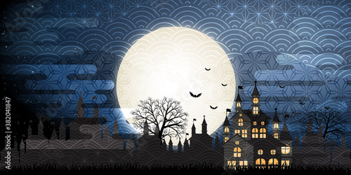 ハロウィン　城　満月　背景