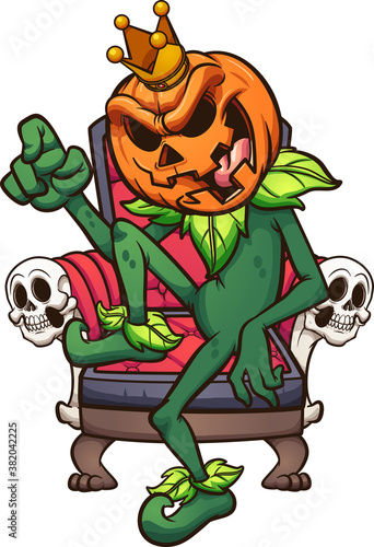 Cartoon pumpkin king sitting on its throne. Vector clip art illustration with simple gradients. Some elements on separate layers. 
