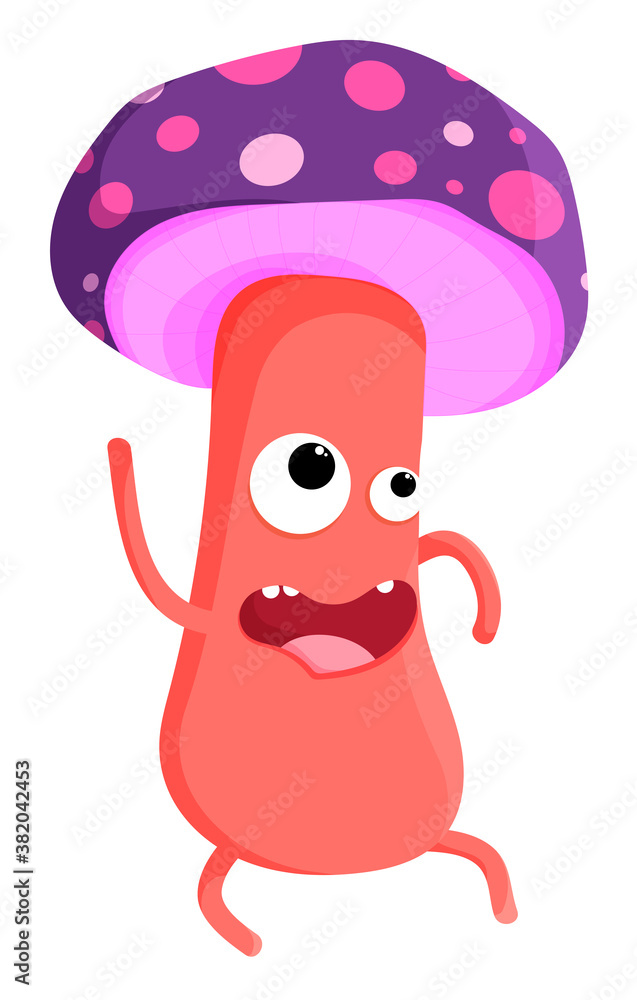 Cheerful hallucinogenic mushroom. Mushroom dancing at disco, party. Prohibited herbal preparations. Marijuana, cannabis. Cartoon vector Cheerful hallucinogenic mushroom. Mushroom dancing at disco, party. Prohibited herbal preparations. Marijuana, cannabis. Cartoon vector