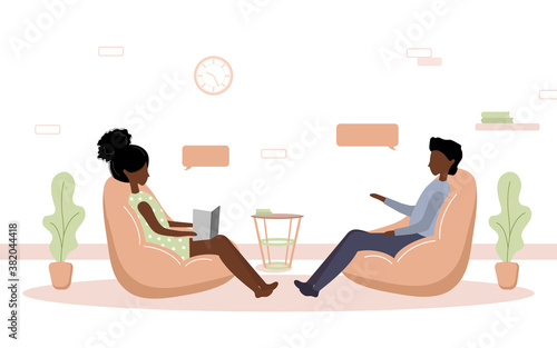 Psychotherapy practice and psychological help. African woman supports boy with psychological problems. Therapy and counselling for people under stress and depression. Vector in flat style.