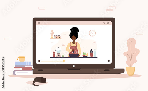 Cooking school. Online culinary master class. African girl preparing homemade meals for lunch or dinner. The chef teaches to cook. Learning at home. Flat cartoon vector illustration.
